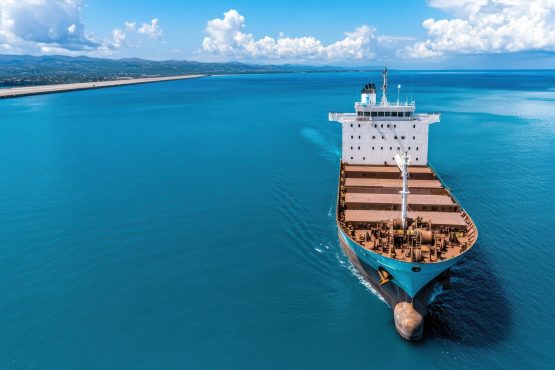 Cargo ship sailing on calm blue waters under clear sky, showcasing industrial transport